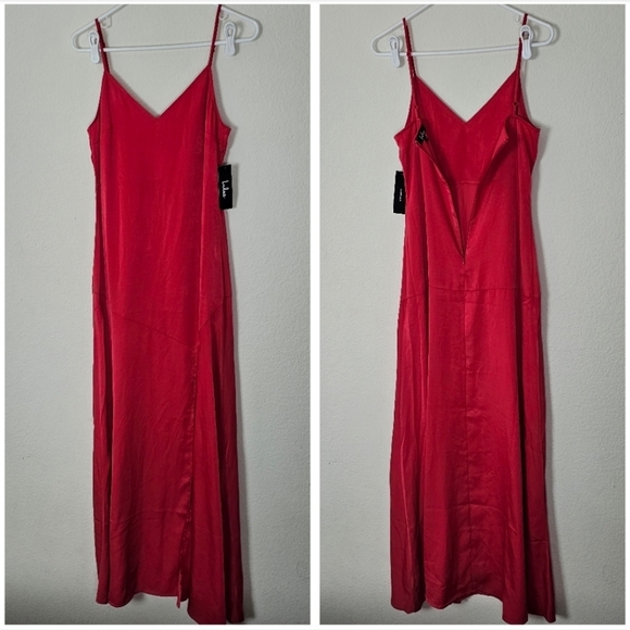 Lulus Hot Date Red Satin Maxi Dress Size Small Spaghetti Strap Slit Gown - Picture 2 of 10